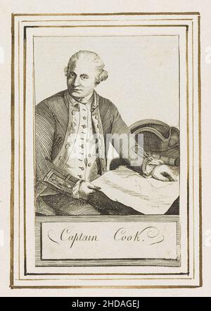 Ritratto di incisione del capitano James Cook. Il capitano James Cook FRS (1728 – 1779) è stato un esploratore britannico, navigatore, cartografo e capitano della BRI Foto Stock