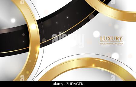 Sfondo bianco di lusso con 3D forme e linee circolari realistiche in nero e oro. Bokeh elegante illustrazione vettoriale di lusso Illustrazione Vettoriale