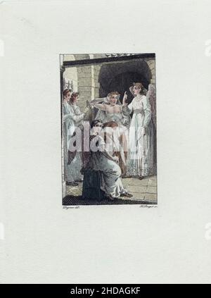 Illustrazione d'epoca per l'opera di Jean De la Fontaine, Angeli al cancello. 1810-1830, di Hippolyte Louis Emile Pauquet (1797-1871) Jean de la Font Foto Stock