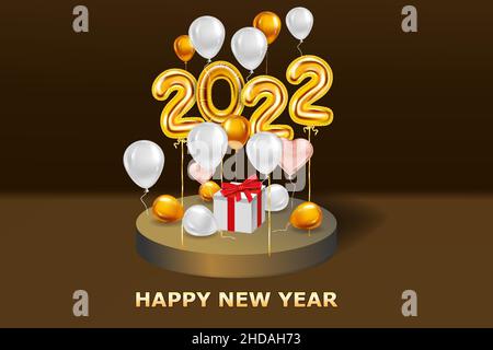 2022 3D Felice anno nuovo palloncini d'oro realistici, cuori, podio. Numeri in lamina d'oro, sfondo brillante, confetti, glitter. Vettore Illustrazione Vettoriale
