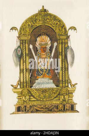 Antica litografia del Nepal del 19th secolo: Santuario e figura di Machendranath nel suo tempio a Bhungmatti. 1880 Foto Stock