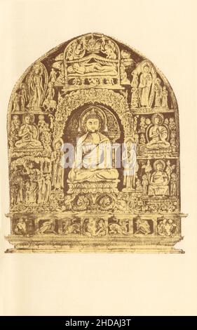 Antica litografia del Nepal del 19th secolo: La nascita, la morte, e l'apoteosi di Sakya Singha Buddha, il fondatore del Buddismo. 1880 Foto Stock