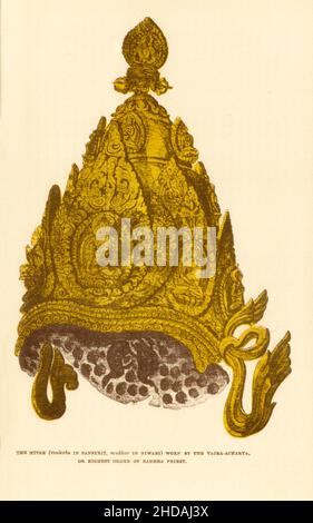 Antica litografia del Nepal del 19th secolo: Il Mitre (mukuta in Sanscrito, mukkor in Nivari) indossato dal Vajra-Acharya, o ordine più alto di Banhra Pries Foto Stock