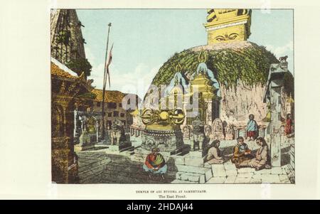 Antica litografia del Nepal del 19th secolo: Tempio del Buddha di Adi a Sambhunath. Il fronte Est. 1880 Foto Stock