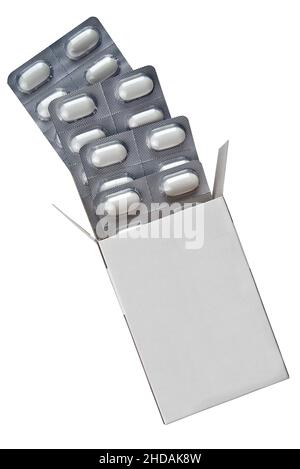 Confezione di farmaci medici in bianco con pillole in blister isolato su bianco con percorso di taglio Foto Stock