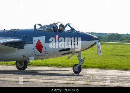 Hawker Sea Hawk WV908, 1950s classico jet plane d'epoca in precedenza con British Royal Navy, Fleet Air Arm, taxiing a Southend Airport, Essex, Regno Unito Foto Stock