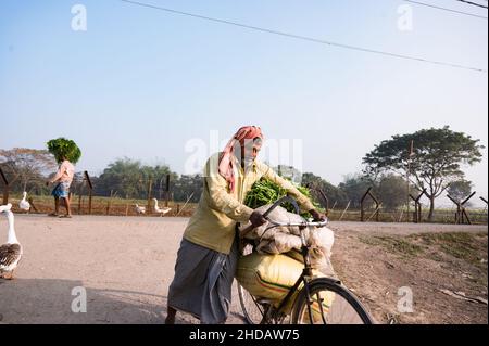 Tehatta, India. 04th Jan 2022. La vita degli abitanti del villaggio è accanto al confine India-Bangladesh nel pomeriggio a Nabin Nagar, West Bengala; India il 04/01/2022. Il coronavirus ha diffuso i suoi tentacoli in villaggi in tutta l'India, svelando uno dei problemi più temuti dell'India di affrontare la pandemia con un'infrastruttura sanitaria fragile e la mancanza di informazioni nelle zone rurali del paese. (Foto di Soumyabrata Roy/Pacific Press) Credit: Pacific Press Media Production Corp./Alamy Live News Foto Stock