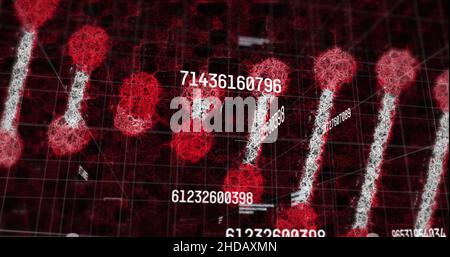 Immagine di numeri crescenti sulla catena del dna su sfondo nero Foto Stock