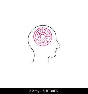 Logica giochi concetto, pensiero creativo, testa labirinto icona linea, mente labirinto, lavoro mentale, pensiero strategico, psicologia vettore logo. Illustrazione Vettoriale