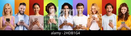 Set di uomini e donne internazionali con smartphone in posa su diversi sfondi colorati studio, panorama Foto Stock