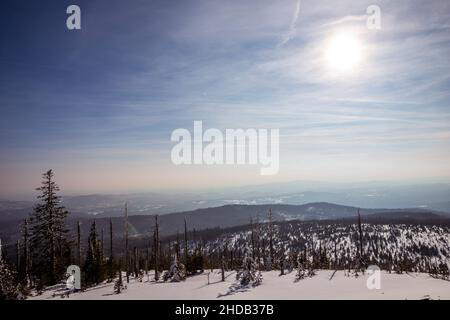 sole sopra la foresta bavarese in inverno Foto Stock