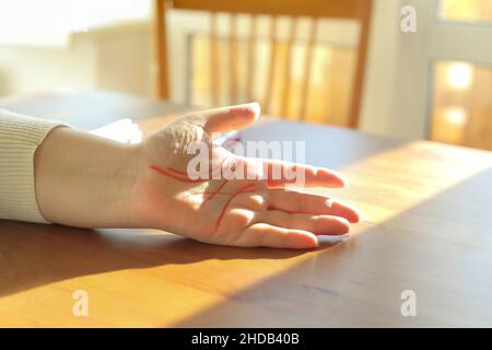 Palmistry o chiromiccy. Primo piano della mano femminile con linee di vita tracciate con pennarello rosso sul tavolo alla luce del sole che cade dalla finestra. Predizione o f Foto Stock