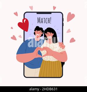 Incontri online, trovare soul mate con app.Valentines day.Vector flat mobile Illustrazione Vettoriale