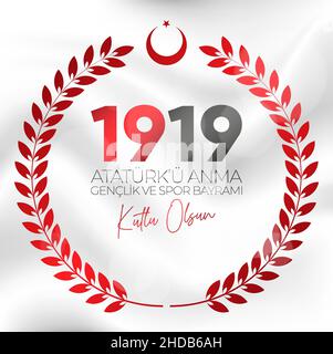 19 Mayis Ataturk'u Anma, Genclik ve Spor Bayrami. Traduzione: Maggio 19 Commemorazione di Ataturk, Giornata della Gioventù e dello Sport. Illustrazione Vettoriale