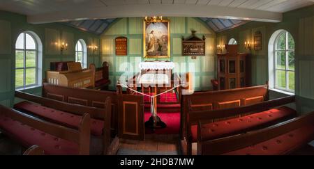 Interno della chiesa nel parco nazionale di Thingvellir., Islanda Foto Stock