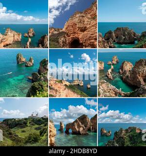 Collage con diverse vedute della costa rocciosa Ponta da Piedade a Lagos nell'Algarve in Portogallo Foto Stock