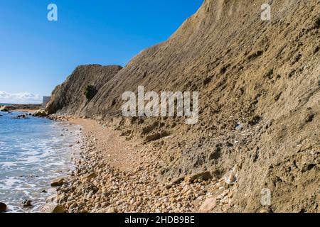 Ripidi pendii di argilla blu, con detriti che formano la striscia costiera a Xatt l-Ahmar, Ghajnsielem, Gozo Foto Stock