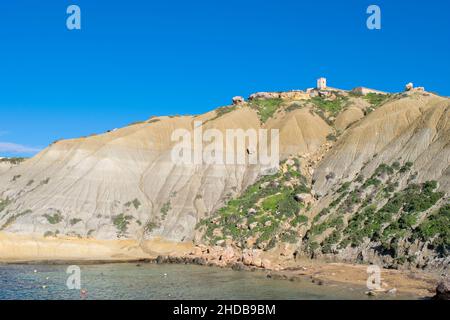 Ripidi pendii di argilla blu, con detriti che formano la striscia costiera a Xatt l-Ahmar, Ghajnsielem, Gozo Foto Stock