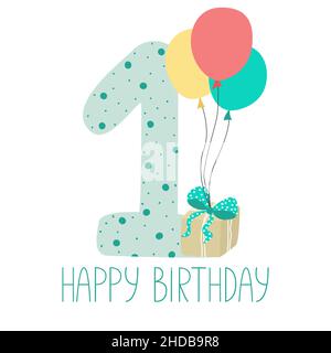 Un anno. Biglietto di auguri per il compleanno del bambino in stile cartone animato. Numero stampabile 1 modello cartolina di compleanno. Illustrazione Vettoriale