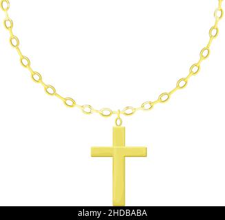 Croce d'oro con catena in stile cartone animato isolato su sfondo bianco. Collana gioielli religiosi, accessori appesi. Illustrazione vettoriale Illustrazione Vettoriale