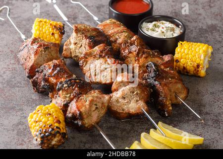 Kebab cucinati saporiti con verdure e spezie su tavola di cemento da vicino. Orizzontale Foto Stock