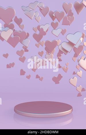 3D mockup scena verticale con cuori rosa. Podio per prodotti espositore, regalo e pubblicità per Happy Women's, Mother's, San Valentino, compleanno. Foto Stock