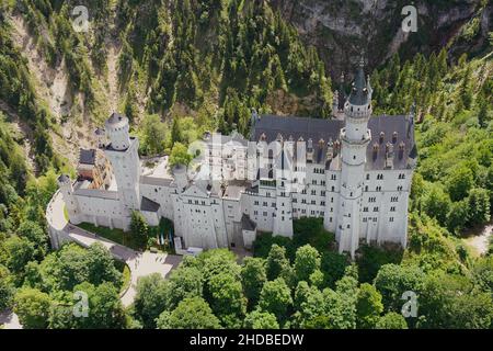 Veduta aerea del Castello di Neuschwanstein. Parapendio sopra Schloss Neuschwanstein in Baviera, Germania. Destinazione turistica, iconico castello da favola. Foto Stock