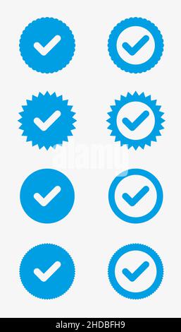 Serie di icone blu di verifica dell'approvazione del vettore. Illustrazione Vettoriale