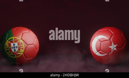 Due palline da calcio con bandiere colorate su sfondo maroon astratto. Portogallo e Turchia. immagine 3d Foto Stock