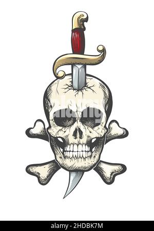 Tatuaggio del cranio umano trafitto da coltello isolato su bianco. Illustrazione vettoriale. Illustrazione Vettoriale