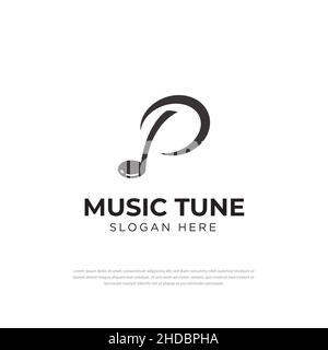 Moderno musical note Letter P logo template per strumento piano. Design minimalista per azienda musicale, simbolo, icona vettoriale design Illustrazione Vettoriale