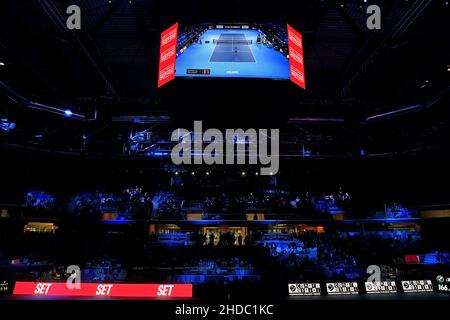 Video review sul tabellone digitale durante le finali ATP di prossima generazione, a Milano. Foto Stock