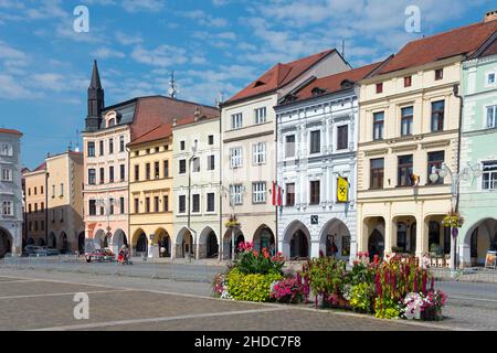 Fila di case, Piazza Premysla Otakara II, Namesti Premysla Otakara II centro storico, Ceske Budejovice, Jeske Budejovice Foto Stock