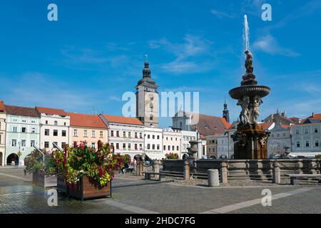 Fontana di Samson, Samsonova kasna, Row of houses and Black Tower, Cerna vez, Piazza Premysla Otakara II, Namesti Premysla Otakara II Historic Old Foto Stock