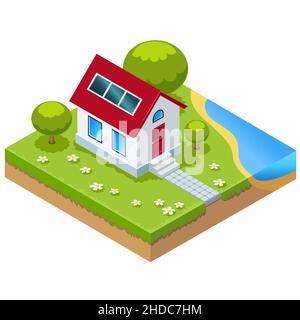 Eco-house con celle solari in vista isometrica. Illustrazione vettoriale isolata su sfondo bianco Foto Stock