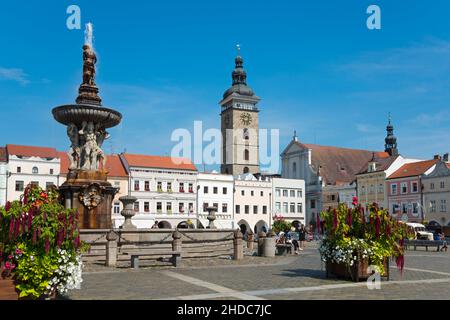 Fontana di Samson, Samsonova kasna, Row of houses and Black Tower, Cerna vez, Piazza Premysla Otakara II, Namesti Premysla Otakara II Historic Old Foto Stock