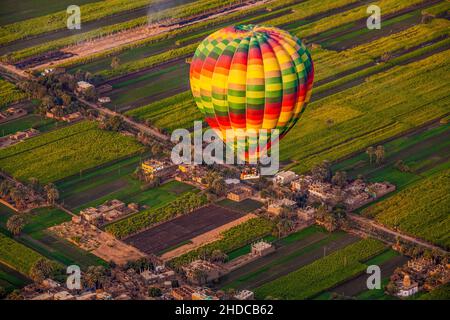Un confine chiaro separava la fertile dalla terra arida, Luxor da una vista dall'alto in un pallone ad aria calda, Tebe, Egitto, Luxor, Tebe, Egitto, Afr Foto Stock