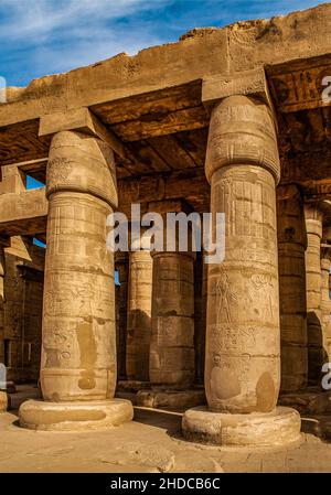 Sala colonnato con colonne di paprussa aperte e chiuse, Ramesseum, tempio mortuario di Ramses II. Luxor, Tebe-West, Egitto, Luxor, Tebe, Ovest, Egitto, Foto Stock