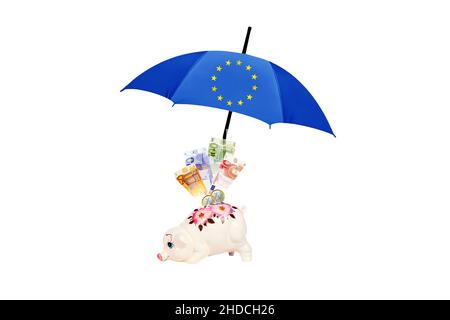 Euro-Rettungsschirm, dient dem Schutz der Waehrung vor Krised, Sparschwein und Bannoden, Foto Stock
