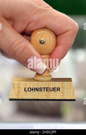 Stempel, Holzstempel, Aufschrift, Lohnsteuer, Foto Stock