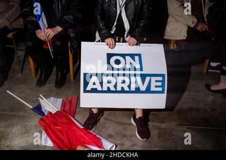 Incontro pubblico di Marion Anne Perrine. 'Marine' le Pen è un avvocato e politico francese che è stato presidente del Rally Nazionale dal 2011. Dal 2017 è membro dell'Assemblea Nazionale per la circoscrizione del Pas-de-Calais del 11th. Francia. Foto Stock