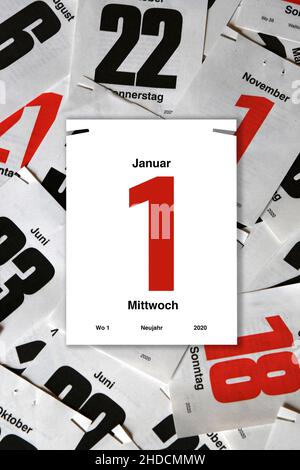 Kalender, Kalenderblatt, Tage, tag, 1. Januar, Neujahr, 2020, Kalendertage, mehrere, Termin, termine, Foto Stock