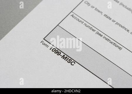 Primo piano del modulo 1099-MISC, reddito vario. Foto Stock