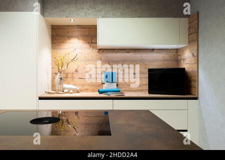 stufa a isola moderna, cappa integrata e legno aspetto nicchia con decorazione e parete unità Foto Stock