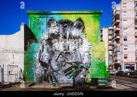 Lisbona, Portogallo - 23 luglio 2017: Una visione dell'istallazione dell'arte di strada Big Raccoon, creato da Bordalo II Foto Stock