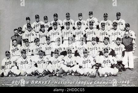 Scheda da collezione che raffigura la foto della squadra dei Boston Braves campione della Lega Nazionale 1948. Foto Stock