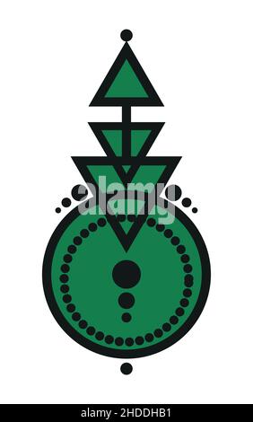 Tattoo geometrico astratto, disegno magico del logo, astrologia, alchimia, stile boho. Segno mistico nero e verde con forme geometriche. Illustrazione vettoriale Illustrazione Vettoriale