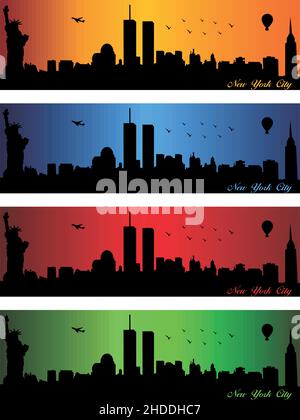 New York City in quattro colori diversi - illustrazione, profilo dello skyline di Vector City, New York City Illustrazione Vettoriale