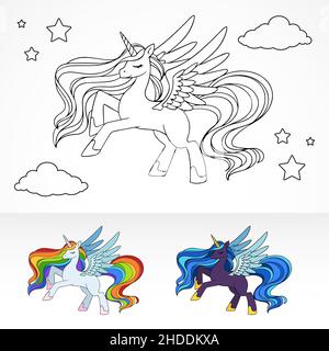 Magical colorbook pegasus unicorn volare sul cielo notturno con esempi di schemi di colorazione Illustrazione Vettoriale