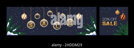 Set di banner per l'anno nuovo. Modello di vendita di Natale per la pubblicità. Social media post design con rami di abete e sfere di vetro. Illustrazione Vettoriale
